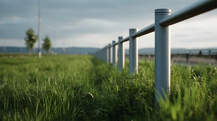 Fototapeta premium A metal railing fence with regularly spaced poles runs through a green grassy field under a cloudy sky