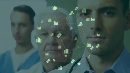 After shot start camera zooming on right doctor as chart icons animating for health finance insight