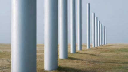 A row of tall silver cylindrical poles stands in a dry grassy field under a clear blue sky