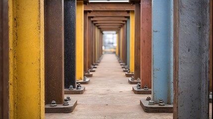 Perspective view down a symmetrical corridor of colorful industrial steel beams