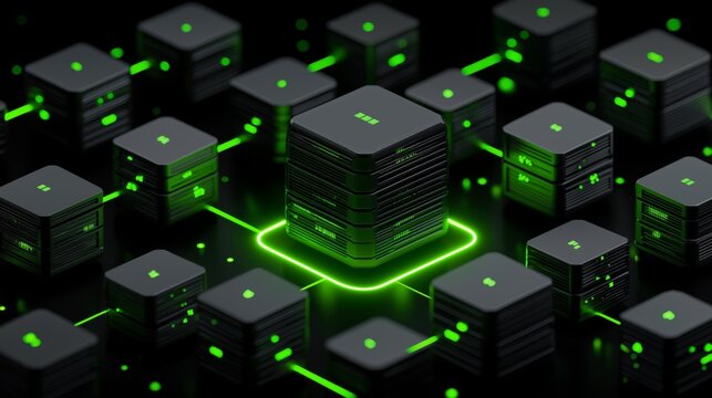 Backend systems display green glow in center with minimal lighting around - Powered by Adobe