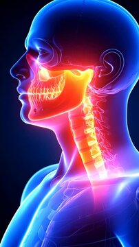 Anatomical illustration of a human head and neck with highlighted skeletal structure and neck region, medical visualization