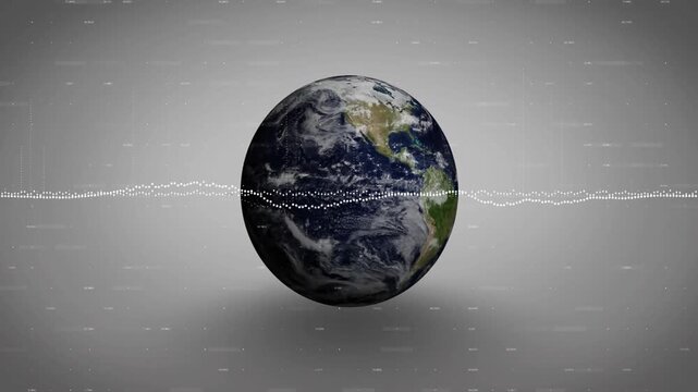 Globe appearing gray backdrop, rotating eastward while dotted waveform oscillating visualizing data