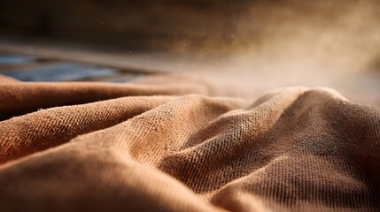 A close up ro shot of wrinkled coarse brown fabric with airborne dust particles illuminated by warm sunlight