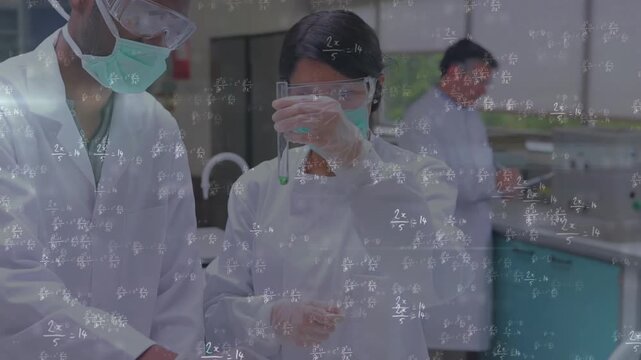 Lab tech holding tube, coworker guiding pipette adding reagent for research, math overlaying scene