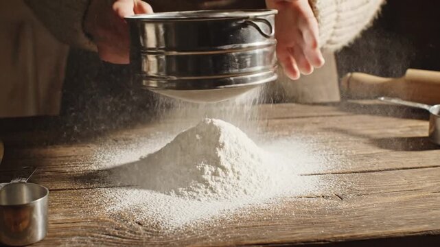A person sifting flour through a metal sieve in a cozy kitchen setting, with wooden surfaces and baking tools in the background, creating a warm atmosphere for cooking