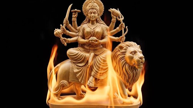 Golden Hindu goddess sculpture seated with lion and flames.