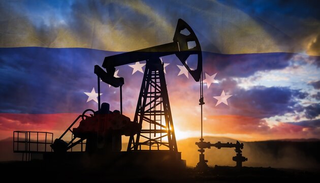 Venezuela oil industry sunset silhouette, dramatic sky, national flag overlay, petroleum pumpjack, twilight. Energy sector strength and economic symbolism. - Powered by Adobe