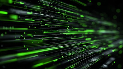Visualization of green neon data flow on the left side of a dark background at high speed