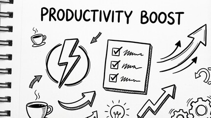 Productivity boost concept with notebook and coffee
