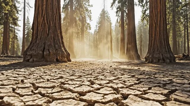 Exploring a Sunlit Forest Scene with Dry Cracked Ground and Tall Trees