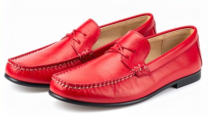 Red Leather Loafers with White Stitching and Rubber Soles on White Background