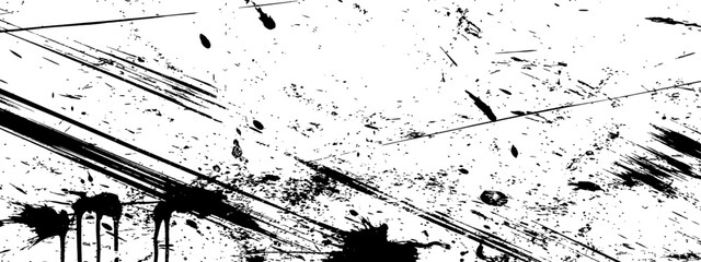 Obraz premium High contrast black and white grunge texture Vector distressed overlay with ink splatters, brush strokes, and scratch marks