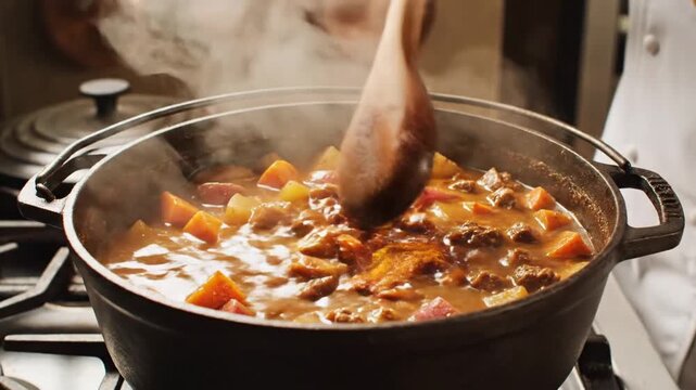A chef skillfully pouring vibrant spices into a bubbling pot of stew on a stovetop, with copper cookware in the background, creating a warm and inviting culinary atmosphere