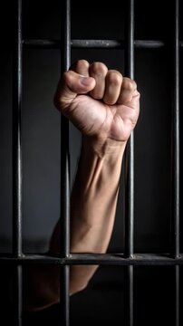 Man's clenched fist symbolizing rebellion, imprisonment, and protest against injustice behind metal bars in jail or prison with dim background