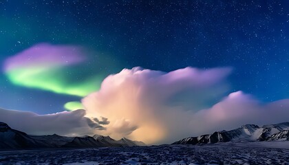 A stunning night sky showcases the aurora borealis dancing above snow-covered mountains, reflecting on a frosted landscape