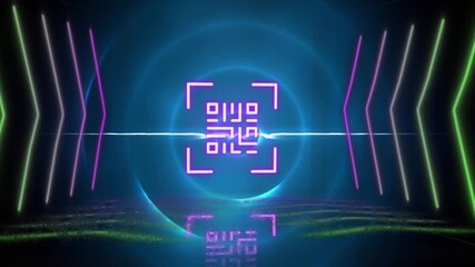 Animation of circles, neon lines and qr code on blue background - Powered by Adobe