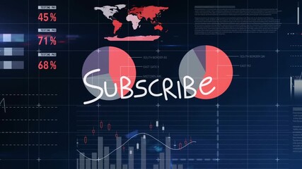 Animation of subscribe text and data processing on blue background - Powered by Adobe
