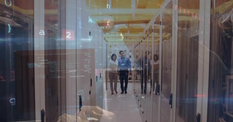 Animation of data processing over computer servers and caucasian male and female it engineer - Powered by Adobe