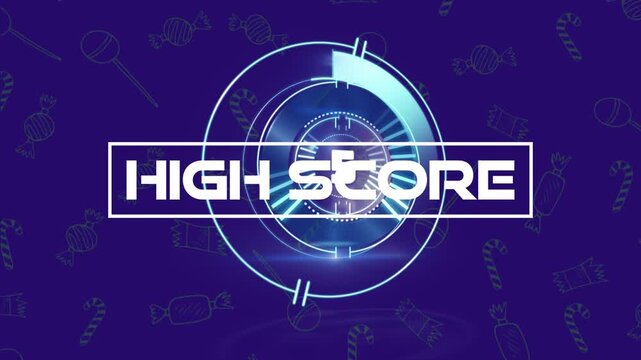 Animation of high score text over scope scanning and candy icons on blue background