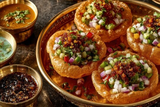 Vibrant Indian Street Food Chaat with Dips and Chutneys on a Golden Tray