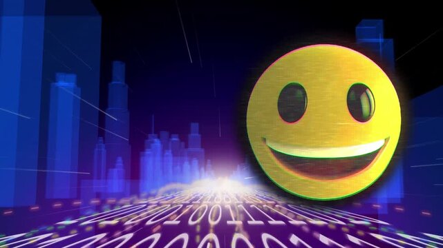 Animation of emoji icon and binary coding over digital city