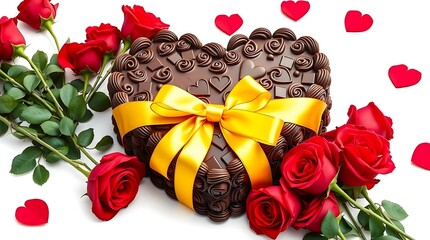 Chocolate hearts gift with roses isolated on white background