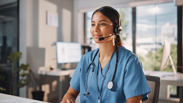 Smiling healthcare professional in blue scrubs working on computer with headset