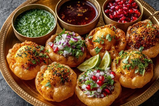 Pani Puri Indian Street Food with Flavored Water and Chutneys on Brass Tray