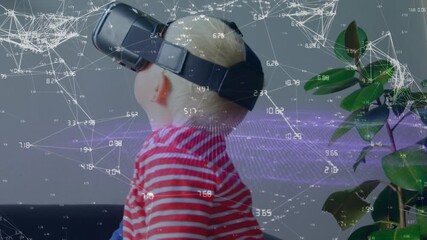 Animation of network of connections over caucasian boy using vr headset - Powered by Adobe