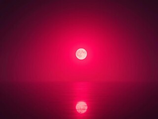 Crimson orb breaks free, a singular burst against pale serenity, tilted horizon dancing,  modern,  solitary