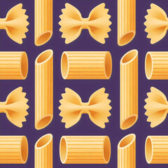 Array of various pasta shapes on a purple background