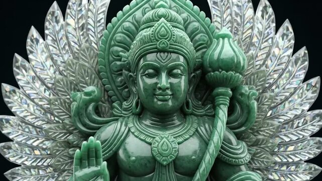 Ornate green carved Hindu deity statue with decorative halo and lotus.