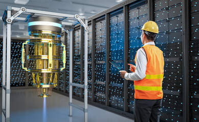 Quantum engineering technology with engineer develop quantum computer machine