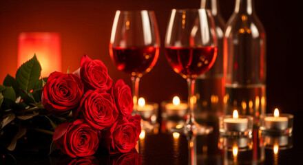 Gift of red roses and candle light dinner. Dinner date night and Valentines Day concept