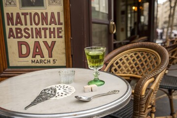 Celebrate national absinthe day on march 5th by raising a decorative glass filled with the iconic green spirit often nicknamed the green fairy in this vintage art nouveau inspired illustration featuri