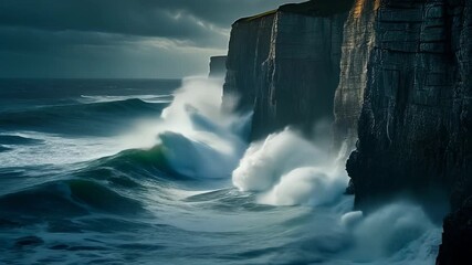 A dramatic ocean scene depicts a cliff edge as waves crash with the dark sky above - Powered by Adobe