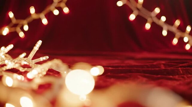 Festive red background with string lights for holiday season