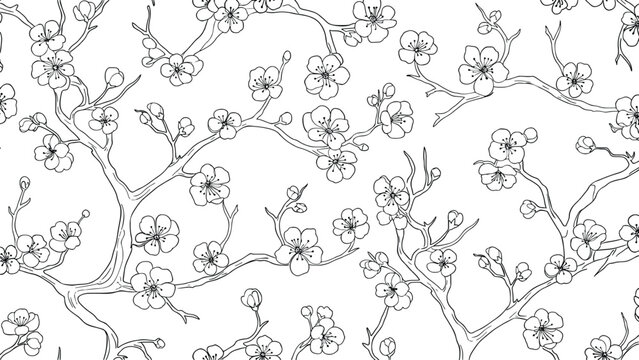 Seamless monoline pattern of plum blossoms and curved branches in continuous line style