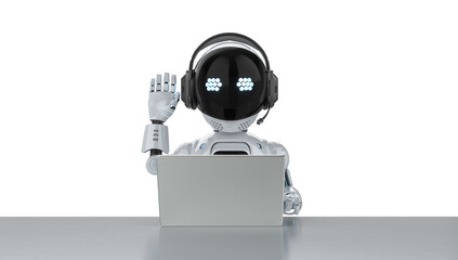 Cute and small 3d rendering artificial intelligence personal assistant robot with computer notebook