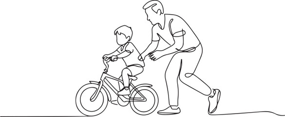 Single continuous line drawing of young son learning ride bicycle with father at outdoor park. Parenthood lesson. Family time concept. one line Icon drawing