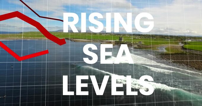 Animation of rising sea levels over financial graph and seascape
