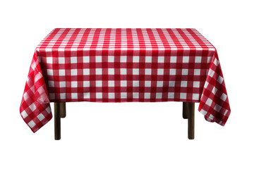 Red and white checkered tablecloth draped over a wooden table on black background gingham