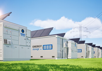 Obraz premium Group of energy storage systems or battery container units with various sources of energy