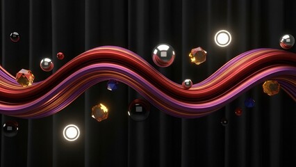 Wavy Gradient Ribbon with Floating Geometric Orbs