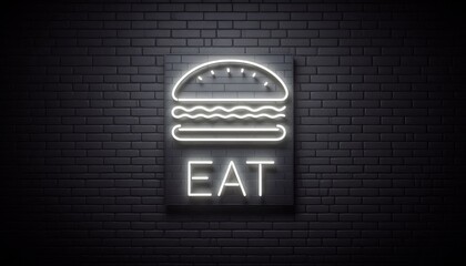 neon sign shows the word eat located on a dark brick wall in a restaurant. The sign glows brightly attracting attention