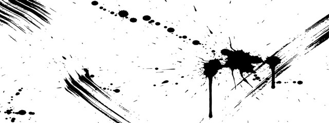 Obraz premium Abstract Black Paint Splatter Drip and Scratch Strokes on White Background Grunge Overlay