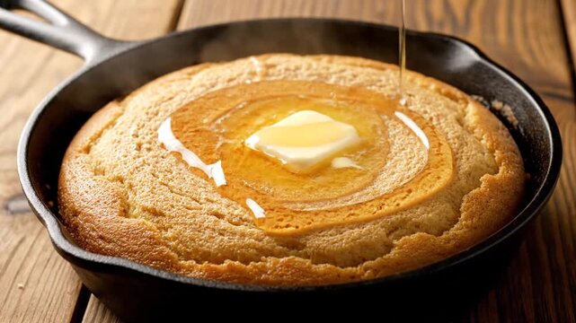 A freshly baked cornbread in a cast iron skillet, topped with melting butter and drizzled with honey, set on a rustic wooden table, evoking a warm and inviting atmosphere