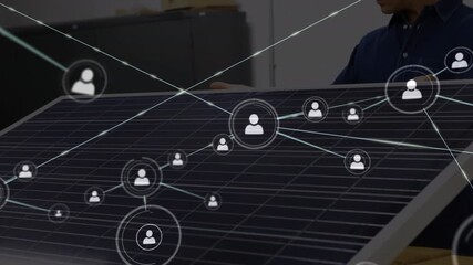 Network of digital icons against network of profile icons against female on moving red background - Powered by Adobe