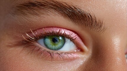 Obraz premium Ethereal Gaze: A close-up shot of a captivating eye, with enchanting green iris, accentuated by delicate eyelashes and expertly applied makeup, hinting at an intriguing tale.
